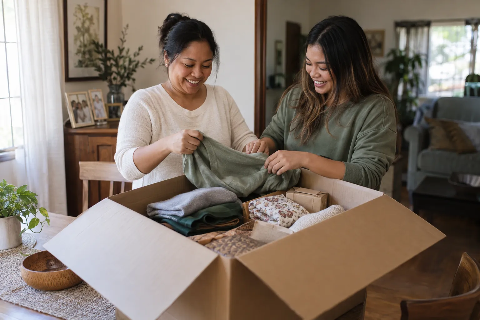 Two women smiling as they pack clothing and gifts into a balikbayan box at home.