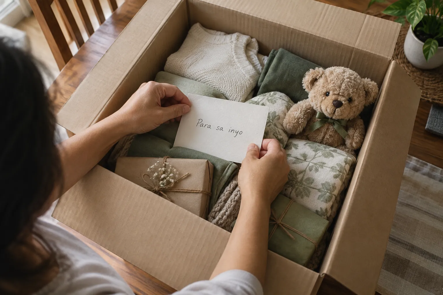 Hands tuck a note reading ‘Para sa inyo’ into a box of folded clothing, gifts, and a teddy bear.